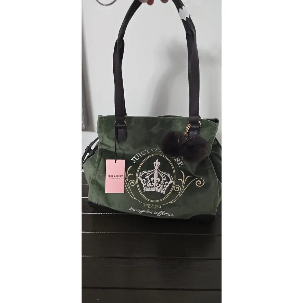 Juicy Couture Green Velour Crown Tote Bag Purse Shoulder Handbag Pom Pom NWT